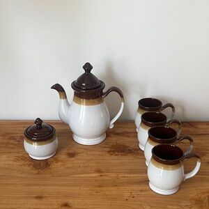 Cozy Vintage White and Brown Pottery Hot Chocolate or Coffee Set